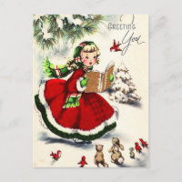 Retro Noël Petite fille chantant lapins