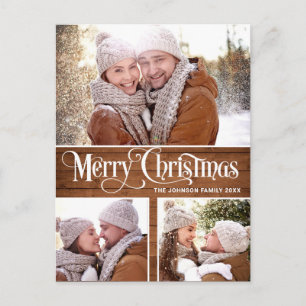 Carte Postale Retro Noël Rustic 3 PHOTO Salutation Holiday