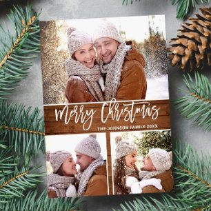 Carte Postale Retro Noël Rustic 3 PHOTO Salutation Holiday