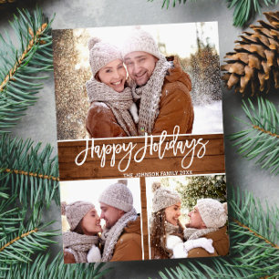 Carte Postale Retro Noël Rustic 3 PHOTO Salutation Holiday