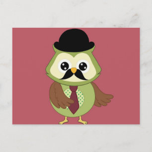 Carte Postale Rétro Owl avec Casquette, cravate et Moustache
