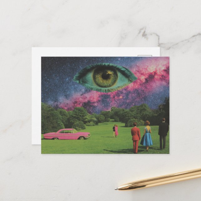Carte Postale Retro People and Pink Car with Eye in Sky Surreal (Devant/Arrière en situation)