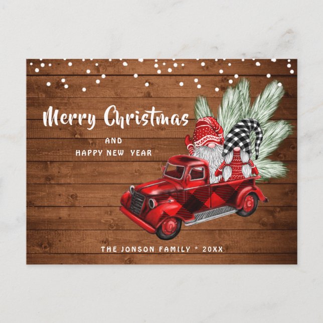Carte Postale Retro Red Truck Gnomes Noël voeux de Noël (Devant)