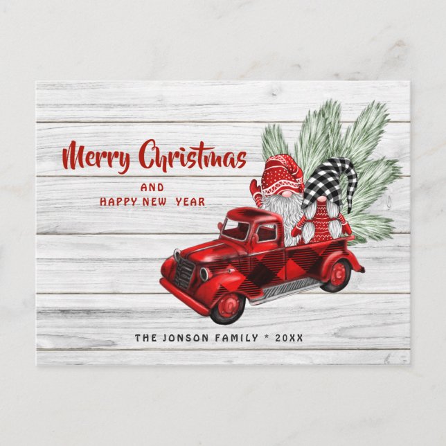 Carte Postale Retro Red Truck Gnomes Noël voeux de Noël (Devant)