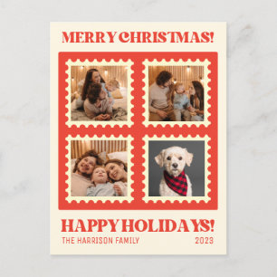 Carte Postale Retro Rouge Noël Timbre Vacances Photos Collage