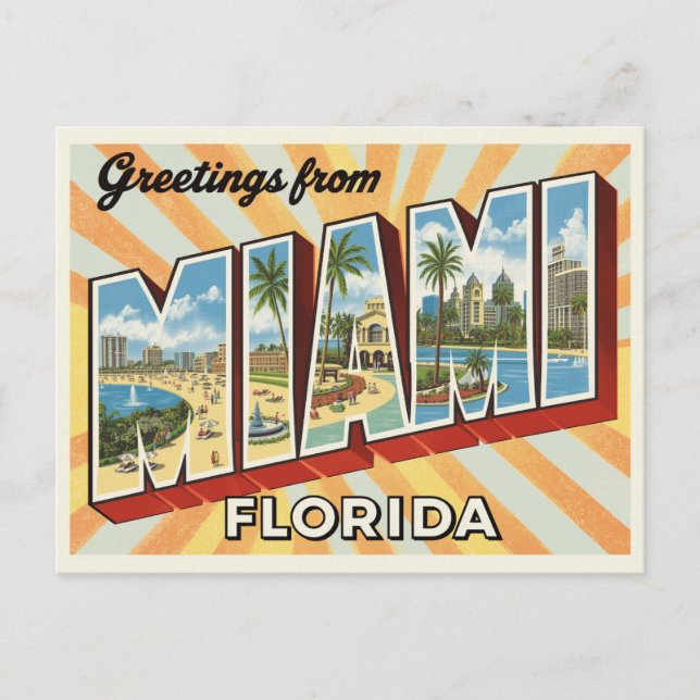 Carte Postale Retro "Salutations de Miami, Floride" Sunburst (Devant)