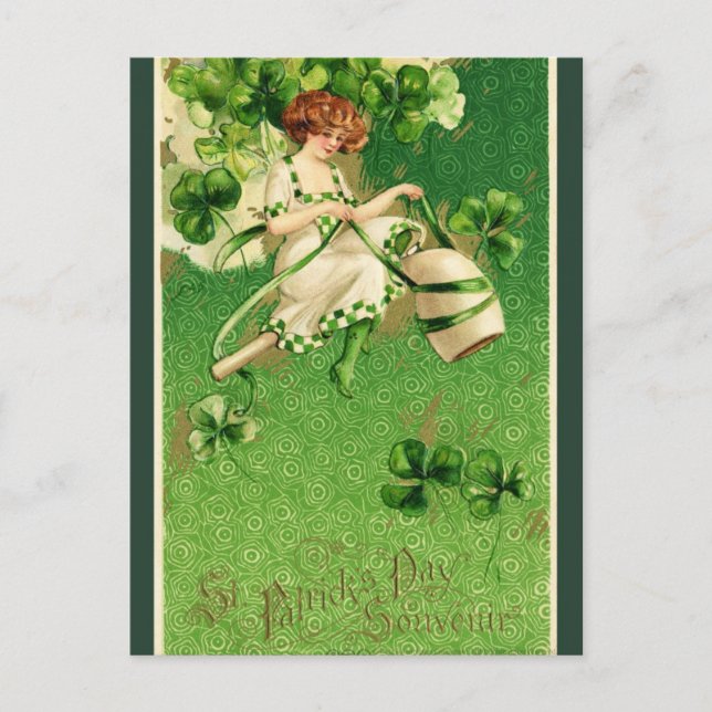 Carte Postale Retro St. Patrick's Day Irlandaise Femme et Shamro (Devant)