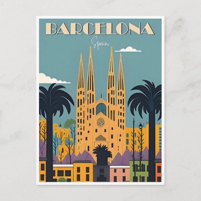 Carte Postale Retro vintage Barcelone Espagne Travel Art (Devant)