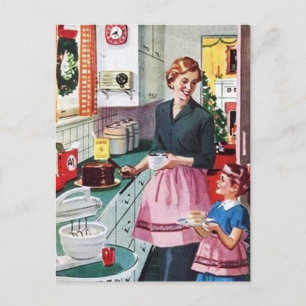 Carte Postale rétro vintage Mère Fille manger gâteau