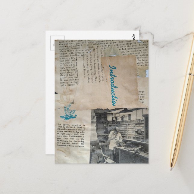 Carte Postale Retro Woodworking Intro Mixed Media Collage  (Devant/Arrière en situation)
