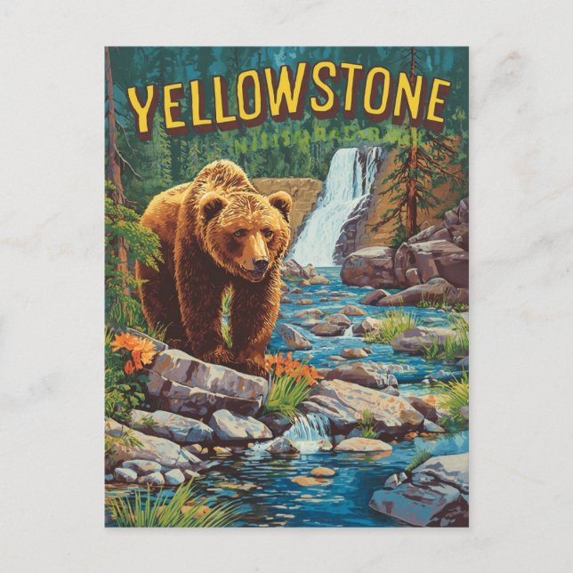 Carte Postale Retro Yellowstone - Ours Grizzly & Eau (Devant)