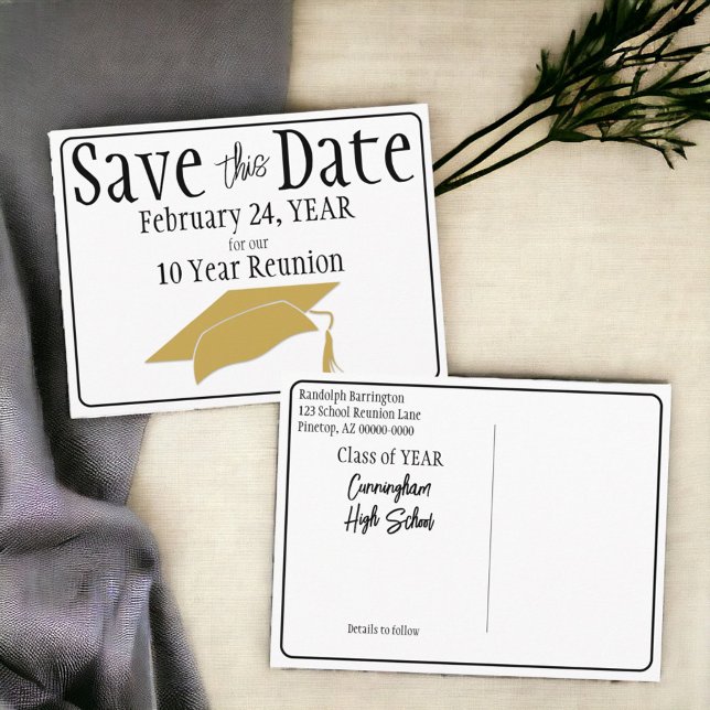 Carte Postale Réunion Enregistrer la date Noir Blanc Or (Class reunion save the date postcard announcement ready for customization. )