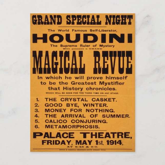 Carte Postale Revue magique de Houdini, 1914 (Devant)