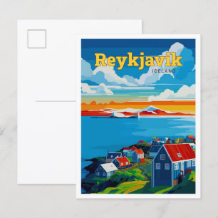 Carte Postale Reykjavik Islande Art Voyage Illustration Vintage