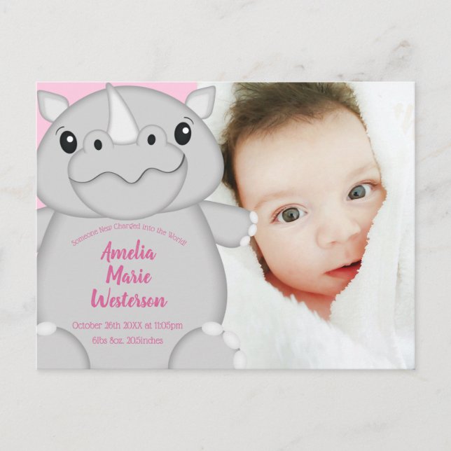 Carte Postale Rhino Baby shower Safari Rose fille (Devant)
