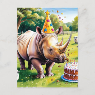 Carte Postale Rhino portant le casquette d'anniversaire dans le 