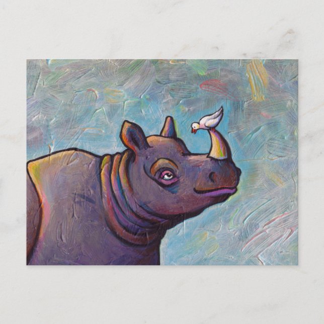 Carte Postale Rhinocéros art petit oiseau potins amusant peintur (Devant)