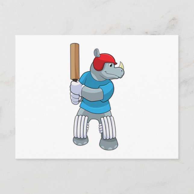 Carte Postale Rhinocéros au cricket avec batte de cricket (Devant)