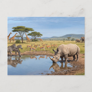Carte Postale Rhinocéros buvant à un point d'eau dans la savane 