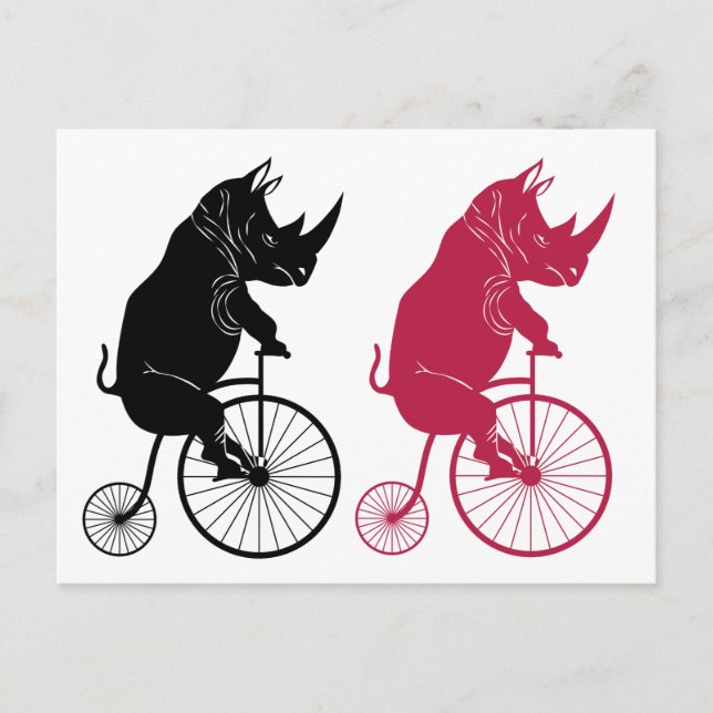 Carte Postale Rhinocéros chevauchant un vélo à la mode ancienne (Devant)
