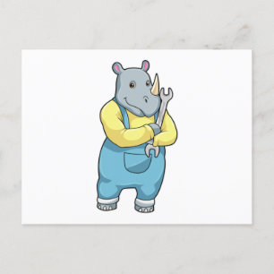 Carte Postale Rhinocéros en mécanicien avec clé à écrou