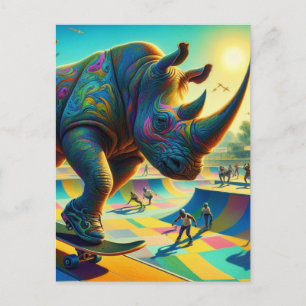 Carte Postale Rhinocéros surréaliste adorable en skateboard