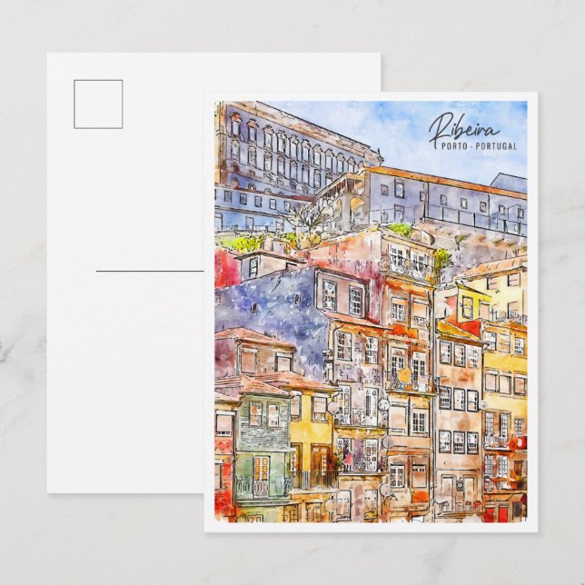 Carte Postale Ribeira Porto Portugal vin voyage aquarelle (Devant / Derrière)