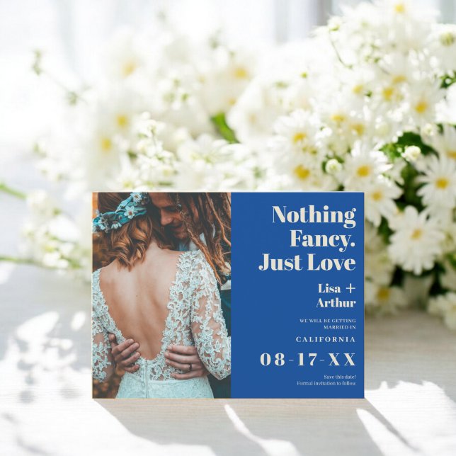 Carte Postale Rien de fantaisie juste amour photo bleue enregist (Nothing fancy just love blue photo save the date postcard)