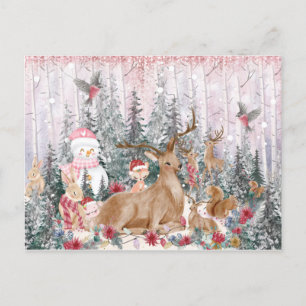 Carte Postale Rinder d'aquarelle rose, Snowman Joyeux Noël