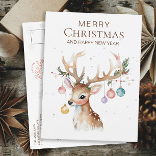 Carte Postale Rinder d'aquarelle Whimsy avec ornement de Noël