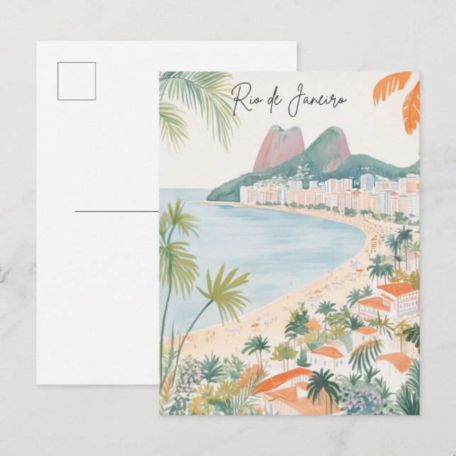 Carte Postale Rio de Janeiro Brésil Gouache Illustration Voyage (Devant / Derrière)