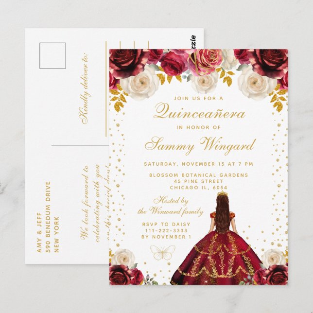 Carte Postale Robe de princesse florale rouge pour Quinceañera (Devant / Derrière)