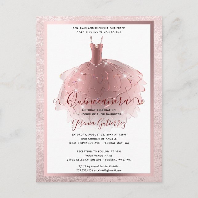 Carte Postale Robe de Quinceañera Rose Gold Élégante (Devant)