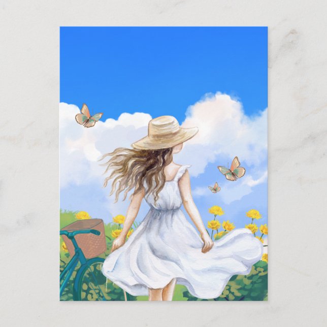 Carte Postale Robe d'été fille magnifique paysage bleu ciel (Devant)
