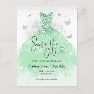 Carte Postale Robe en argent vert Sage Quinceañera Enregistrer l