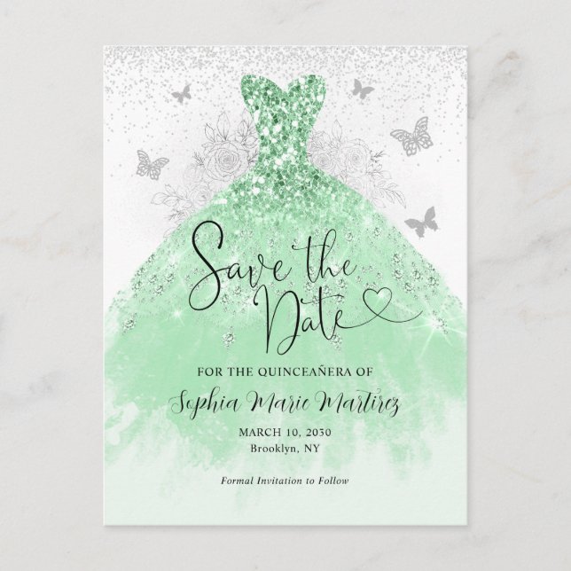 Carte Postale Robe en argent vert Sage Quinceañera Enregistrer l (Devant)