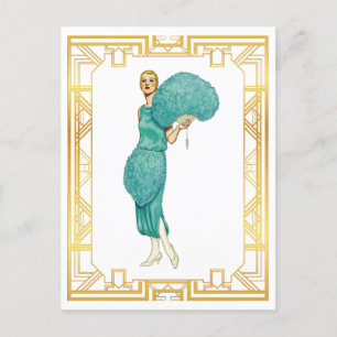 Carte Postale Robe Retro Flapper Turquoise Plumes Art Vintage