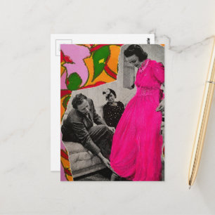 Carte Postale Robe rose chaud modèle dame fleurs améliorées par