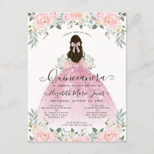 Carte Postale Robe rose florale 15e anniversaire Quinceanera