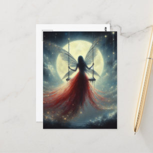 Carte Postale Robe rouge fée sur une nuit de Pleine lune à voile
