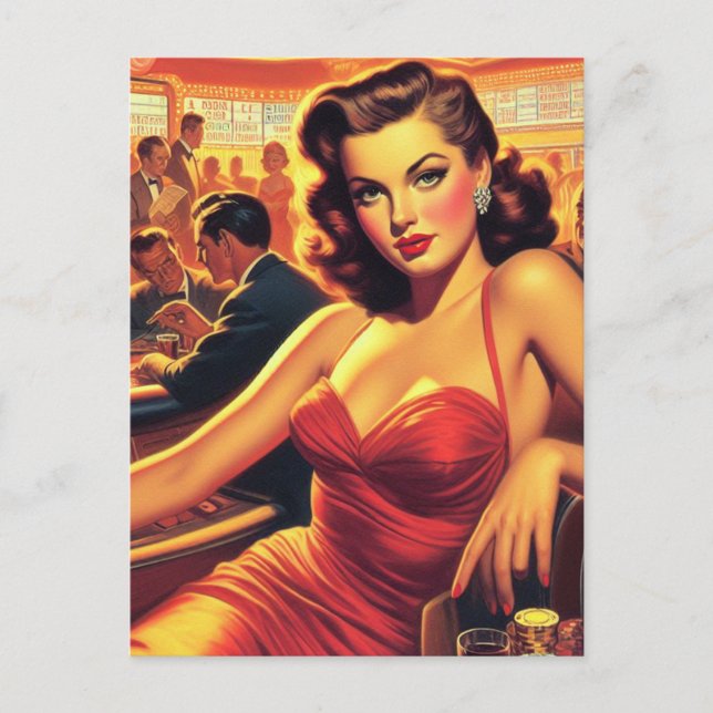 Carte Postale Robe rouge fille glamour vintage (Devant)