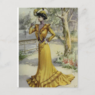 Carte Postale Robe Victorienne Vintage Française Mode Jaune