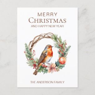 Carte Postale Robin de Noël rustique Pays Wreath botanique