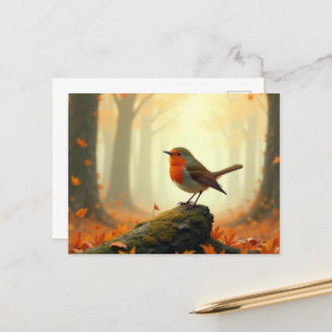 Carte Postale Robin en forêt d'automne/d'automne, Feuille en chu