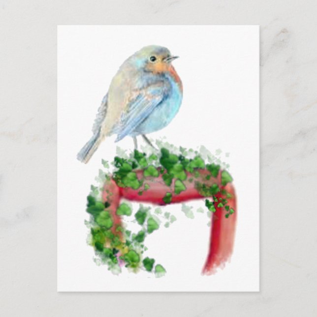 Carte Postale Robin européen sur merle, Aquarelle Bird (Devant)