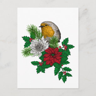 Carte Postale Robin rouge sur décoration de Noël