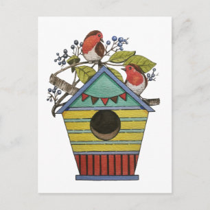 Carte Postale Robins Aux Bleuets Et Aux Oiseaux