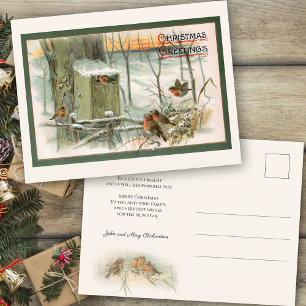 Carte Postale Robins vintages en neige avec voeux de Noël