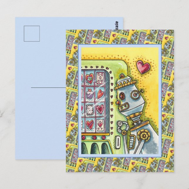 CARTE POSTALE ROBOT À LA RECHERCHE D'AMOUR, COEUR FOURNISSANT MA (Devant / Derrière)