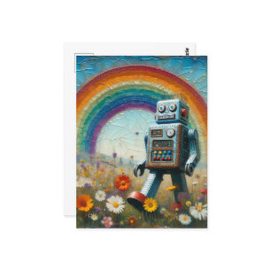 Carte Postale Robot dans une prairie à fleurs avec arc-en-ciel